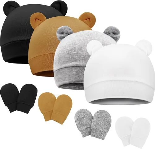Vista 14 de DRESHOW Gorro de recién nacido con orejas de oso y manoplas, conjuntos de gorro de algodón para prematuros, gorro de bebé para niño y niña, gorro