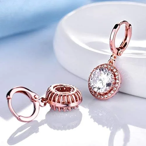 Vista 4 de GULICX Aretes colgantes argolla de oro rosa circón galvanizado estilo retro para mujer
