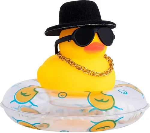 Vista 42 de wonuu Pato de goma para automóvil, decoración de pato amarillo con sombrero para el sol, anillo de natación, collar, gafas de sol para decoración