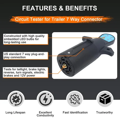 Vista 2 de Probador de luz de remolque de 7 vías para el lado del vehículo, probador de conector estilo RV de 7 pines, detector de circuito LED para luz