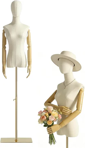 Vista 9 de Vestido de maniquí femenino con forma de torso, cuerpo de maniquí de exhibición con cabeza desmontable, manos de madera y soporte dorado de altura