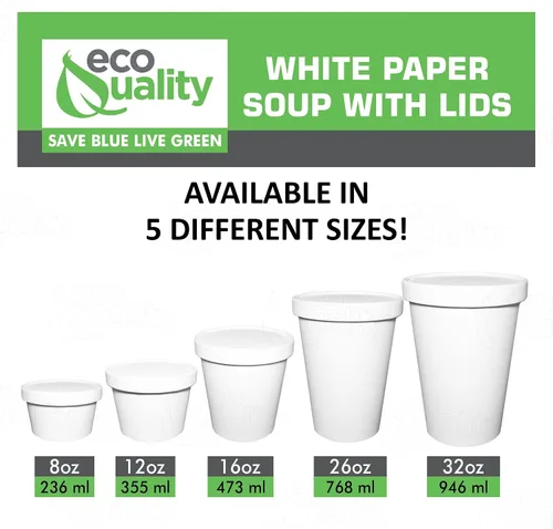 Vista 2 de EcoQuality Recipientes desechables de papel blanco para sopa con tapas, tazas de papel para helado, cuencos desechables para postres fríos, tazas