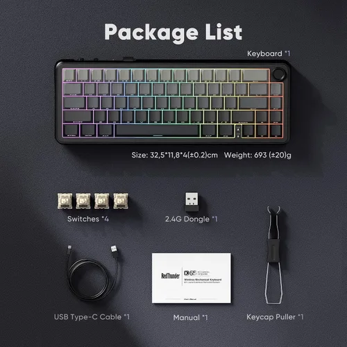 Vista 8 de RedThunder Teclado mecánico inalámbrico para juegos K65, conexión de modos de viaje, teclado de intercambio en caliente personalizado de junta