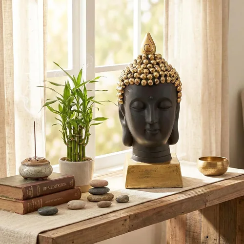 Vista 3 de Seraphic Estatua de cabeza de Buda para decoración del hogar o al aire libre, dorada, 13 pulgadas de alto