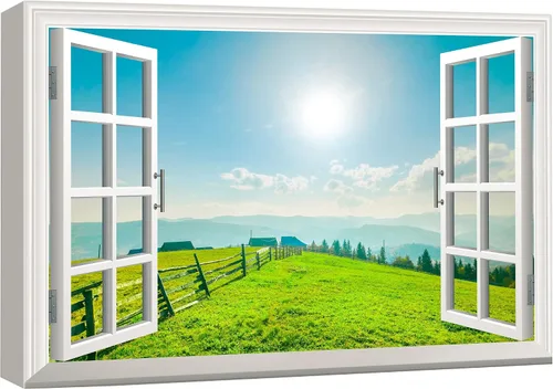 Vista 10 de wall26 - Cuadro en lienzo para pared, vista de ventana, atardecer neón, cielo, palmera tropical, playa, naturaleza, desierto, fotografía, realismo