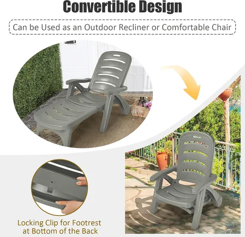 Vista 6 de Tangkula Tumbona para exteriores, silla reclinable ajustable de 5 posiciones con ruedas integradas, resistente a la intemperie, plegable, para Gris