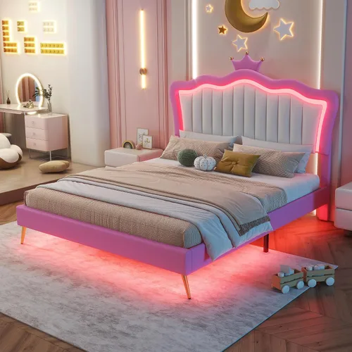 Vista 12 de Cama de plataforma tapizada de tamaño individual, marco de cama de plataforma de madera con cabecera en forma de corona, elementos de dibujos
