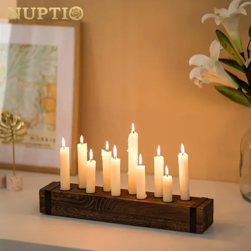 Vista 4 de NUPTIO Candelabro de madera para centro de mesa: candelabro cónico de 16.5 pulgadas de largo - Portavelas de granja para Navidad, hogar, comedor