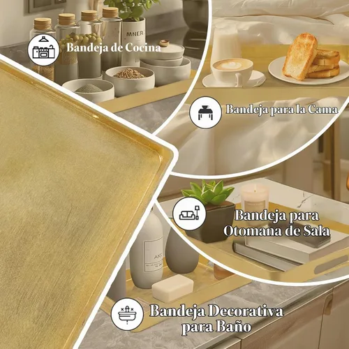 Vista 7 de MAONAME Bandeja Decorativa Dorada con Asas, Bandeja de Servir de Papel Aluminio para Otomana, Bandejas de Café Rectangulares para Sala de Estar