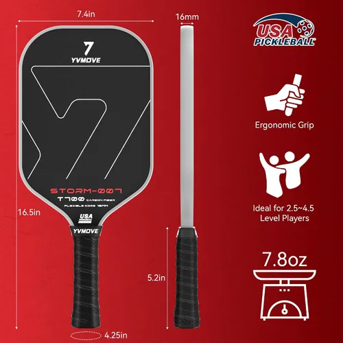 Vista 8 de YVmove 16mm Kevlar T700 Carbon Fiber Pickleball Paddle, USAPA Approved Raw Carbon Texture for Exceptional Spin Explosive Power & Consistent Shot
