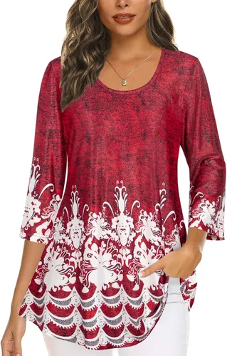 Vista 14 de Tencole Camisas de manga 3/4 para mujer Blusas tipo túnica elegantes Ropa casual con floral Aguamarina Beige