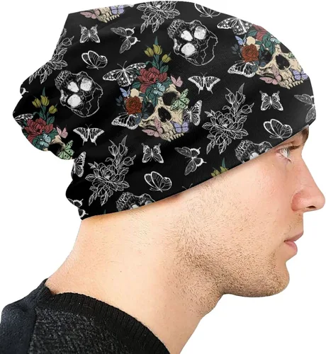 Vista 3 de Gorro de punto con diseño de calavera de azúcar y flores, para adultos, cálido, holgado, regalo para hombres y mujeres