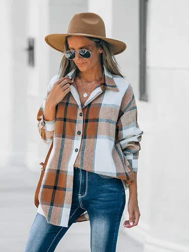 Vista 3 de CUPSHE Blusa de manga larga a cuadros con botones para mujer, casual, cuello en V, de gran