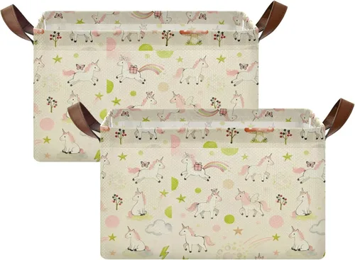 Vista 2 de Cesta de almacenamiento resistente con diseño de uncorns, color rosa y verde, organizador decorativo grande con asas, organizador de ropa