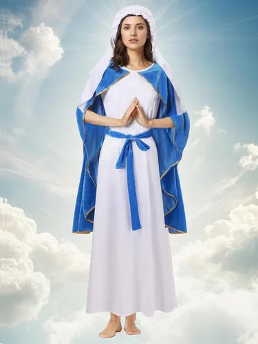 Vista 6 de GRAJTCIN Disfraz de Virgen María para mujer, bata bíblica para adultos, disfraz de Halloween blanco, 4 piezas
