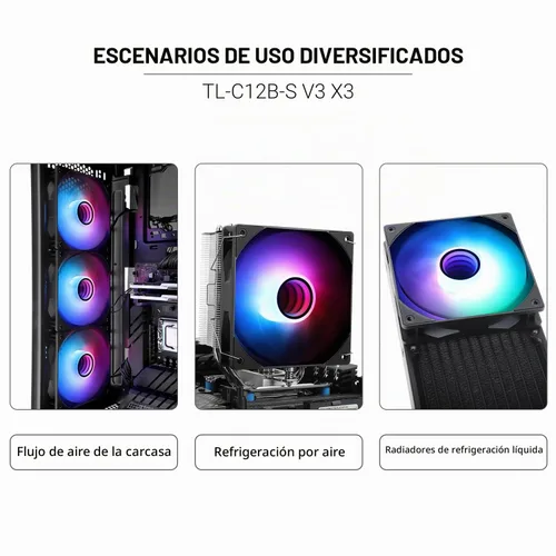 Vista 6 de Thermalright Ventilador de CPU TL-C12B-S V3 de 4.724 in, ventilador ARGB, conector PWM de 4 pines ventilador silencioso de computadora con Negro