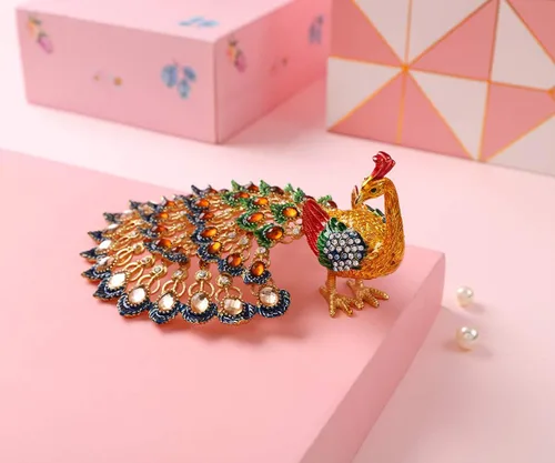 Vista 5 de Joyero esmaltado con bisagras de pavo real, pintados a mano, adornos de animales, regalo artesanal para decoración del hogar (dorado)