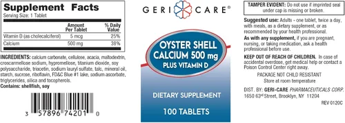Vista 2 de GeriCare Oyster Shell Calcio 500mg + Vitamina D, Salud ósea, Tabletas de suplemento nutricional, 100 unidades (paquete de 1)