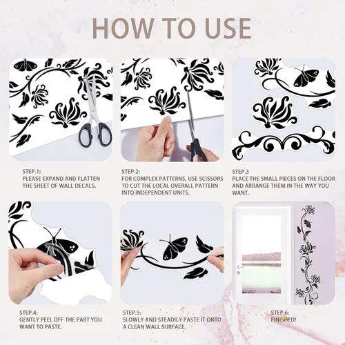 Vista 5 de PLIGREAT Calcomanías de pared de flores negras, calcomanías de pared de mariposa, calcomanías de pared de vinilo extraíbles para guardería