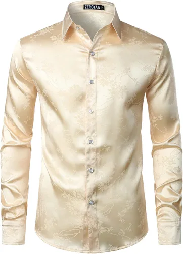 Vista 2 de ZEROYAA Camisas de vestir con botones de manga larga y estampado floral de jacquard rosa satinado brillante para hombre para fiesta de graduación