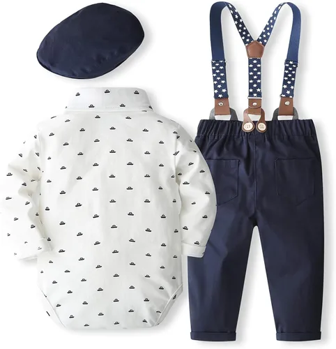 Vista 2 de SALNIER Conjunto de ropa de traje de bebé niño esmoquin trajes de caballero trajes de corbatín camisa tirantes pantalones boina sombrero 0-24M