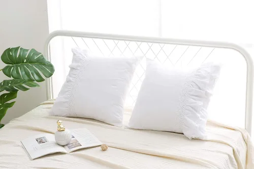 Vista 18 de Juego de 2 fundas de almohada con encaje blanco con flores 3D de aspecto retro noble y lujoso elegante, 100% algodón, tamaño estándar