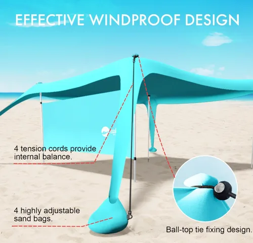Vista 6 de Beach Canopy Tent Shade with Sidewalls 10x10FT, 6.6FT Tall, UPF50+ Sun Shelter, Windproof & Water Resistant, Includes Guylines Sand Shovel Stability