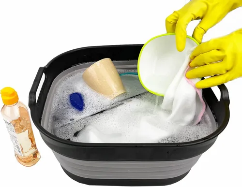 Vista 6 de SAMMART Sartén plegable de 10L (2.64 galones), lavabo plegable, tina portátil para lavar platos, bandeja de almacenamiento de cocina que ahorra