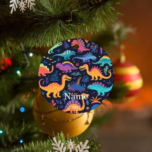 Vista 7 de Adorno colorido con patrón de dinosaurio de 3 pulgadas, adorno de Navidad de cerámica de 3 pulgadas, bonito adorno de Navidad de dibujos animados