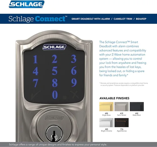 Vista 3 de Schlage Connect BE469ZP CAM 619 - Cerradura inteligente con alarma, moldura Camelot en níquel satinado, compatible con Z-Wave Plus (Paquete de 4)