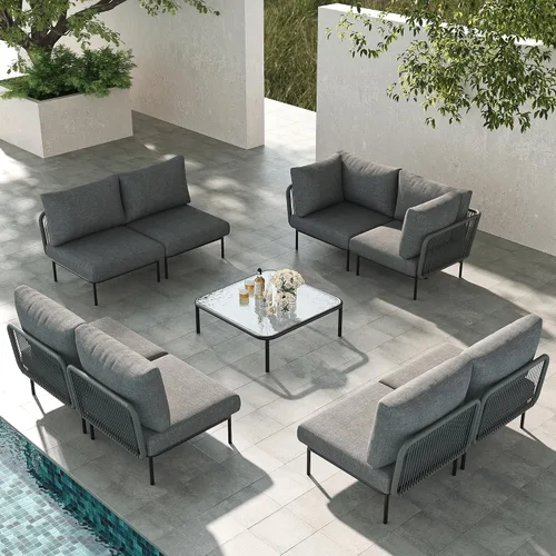 Vista 17 de LayinSun Juego de muebles de patio de aluminio de 7 piezas, sofá modular moderno con mesa auxiliar y cojín de grosor mejorado Gris claro