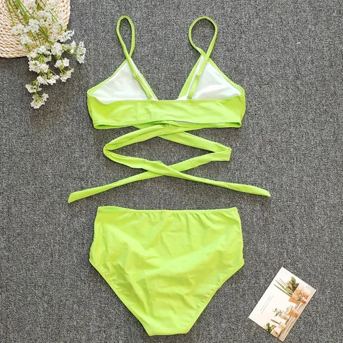 Vista 3 de JUNGE Conjunto de bikini para mujer de cintura alta de 2 piezas, traje de baño envolvente de dos piezas, traje de baño push up, ropa de playa 2023
