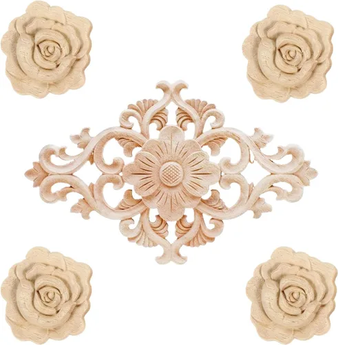Vista 5 de 5 piezas de apliques de madera onlays decorativos para muebles, incrustaciones talladas en madera para puerta de cama, armario, muebles, decoración 1