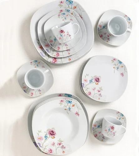 Vista 4 de Lorren Home Trends Juego de vajilla cuadrada de porcelana de 20 piezas para 4 diseños florales pequeños, color blanco