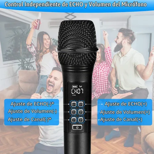 Vista 3 de K28 Micrófono inalámbrico recargable para karaoke con control de volumen y eco y receptor, micrófono dinámico de mano UHF para cantar karaoke habla