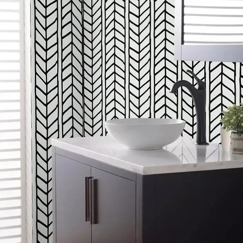 Vista 5 de Papel tapiz despegable y adhesivo en blanco y negro, papel tapiz geométrico adhesivo de 17.71 pulgadas X 393 pulgadas, removible con diseño