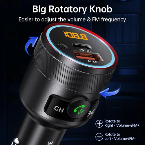 Vista 6 de Syncwire Transmisor FM Bluetooth 5.4 para coche, 38 W PD y QC3.0 Dual USB Carga Bluetooth Adaptador de coche Micrófono y sonido de graves MP3