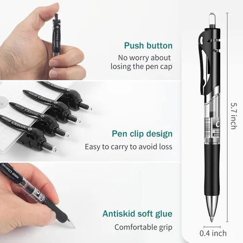Vista 5 de Bolígrafos de gel, bolígrafos de gel retráctiles, escritura suave, gran capacidad, adecuados para trabajar o estudiar, paquete de 12, 0.028 in Negro