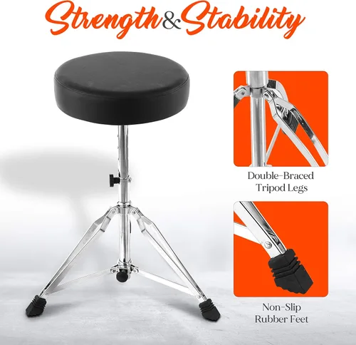 Vista 4 de Pyle Taburete de tambor ajustable, portátil con patas de trípode de doble apoyo, asiento acolchado de espuma, perfecto para uso en el escenario