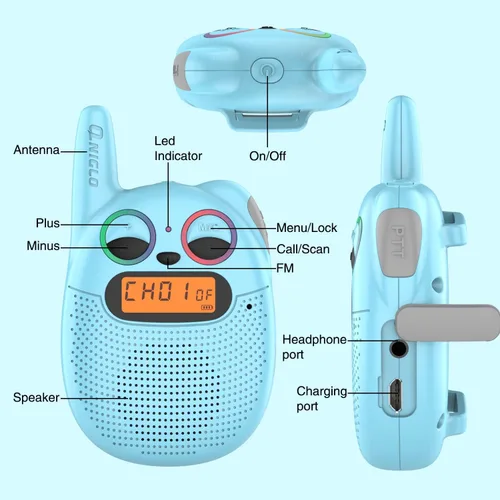 Vista 6 de Qniglo Walkie Talkies para niños recargables, paquete de 2 unidades, juguetes de regalo de Navidad y cumpleaños para niños de 3 a 12 años