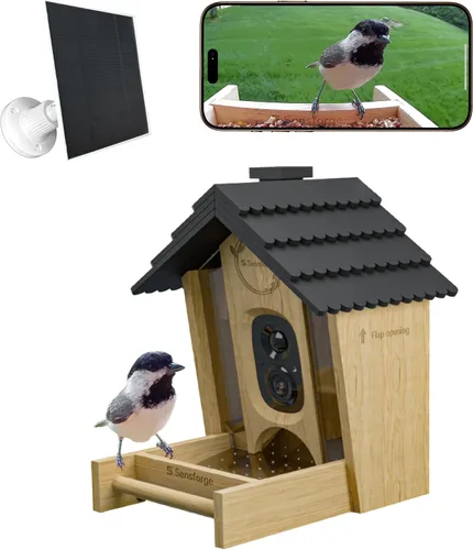 Vista 6 de SensForge Cámara inteligente de alimentador de pájaros AI, vista en vivo HD de 2.5 K, alimentador de madera para exteriores alimentado por energía
