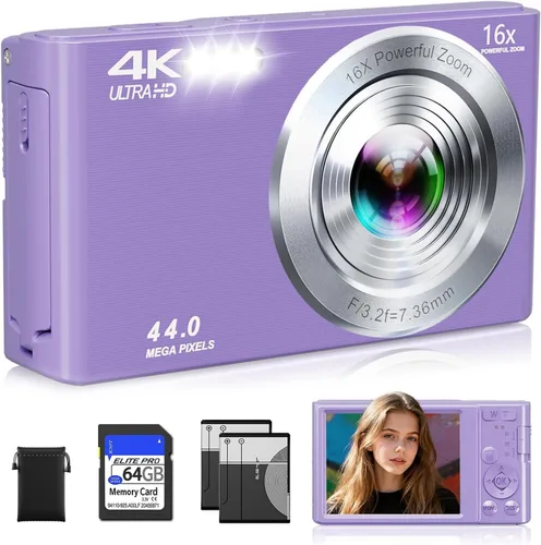 Vista 10 de Cámara digital 4K, cámara digital compacta digital de enfoque automático, zoom digital de 16X, cámara de viaje mejorada con tarjeta SD de 64 GB, 2