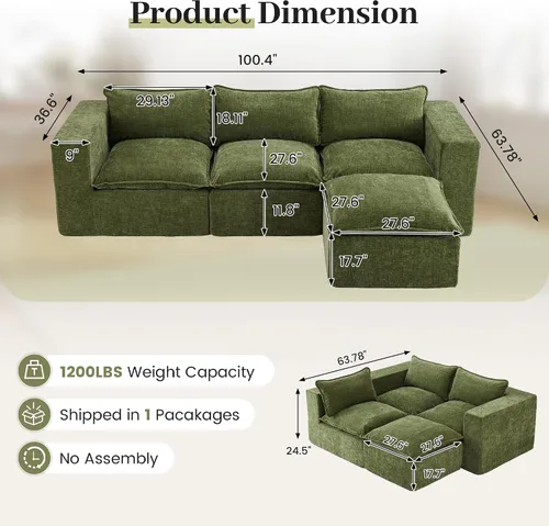 Vista 2 de Apicizon Sofá seccional de nube deshuesada de 101 pulgadas para sala de estar, sofá modular en forma de L con otomana, sofá cama modular