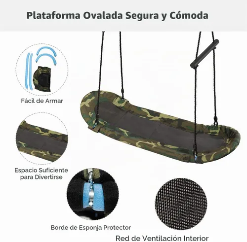 Vista 6 de Costzon Skycurve Columpio de árbol de plataforma, columpio rectangular de surf con asas, cuerdas para colgar en altura ajustable, borde acolchado