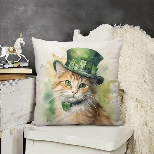 Vista 14 de Fundas de almohada de granja con diseño de feliz día de San Patricio con un gato en un sombrero de trébol, fundas de almohada de terciopelo