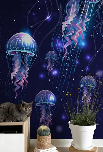 Vista 5 de Papel tapiz de medusas. Mural de pared de escena oceánica submarina. Decoración de pared de habitación de niños. Papel tapiz de baño. Decoración