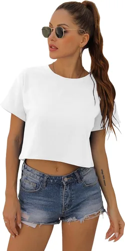 Vista 3 de Blusa corta de verano para mujer, manga corta, cuello redondo, ajuste holgado, blusa casual