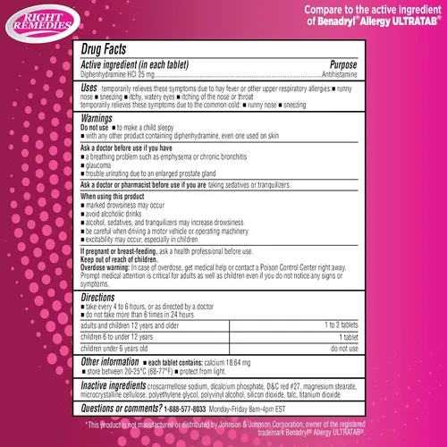 Vista 2 de RIGHT REMEDIES Antihistamínico para aliviar la alergia, difenhidramina HCl 25 mg, (600 unidades), en comparación con la marca nacional de ultratabs