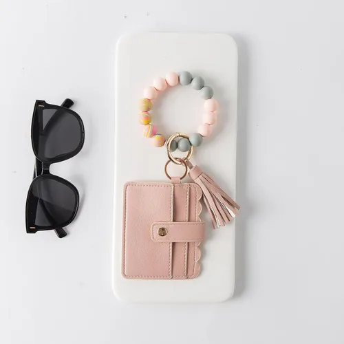 Vista 2 de Real Sic Pulsera de pulsera llavero billetera, soporte para tarjetas de crédito con cuentas de silicona, funda multifuncional de moda para tarjetas