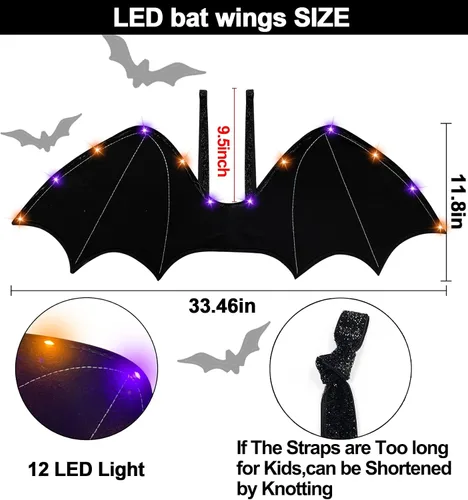 Vista 3 de Kids Halloween LED Bat Wings Backpack Costume with Lights Elastic Straps Vampire Costume Accessories Decor